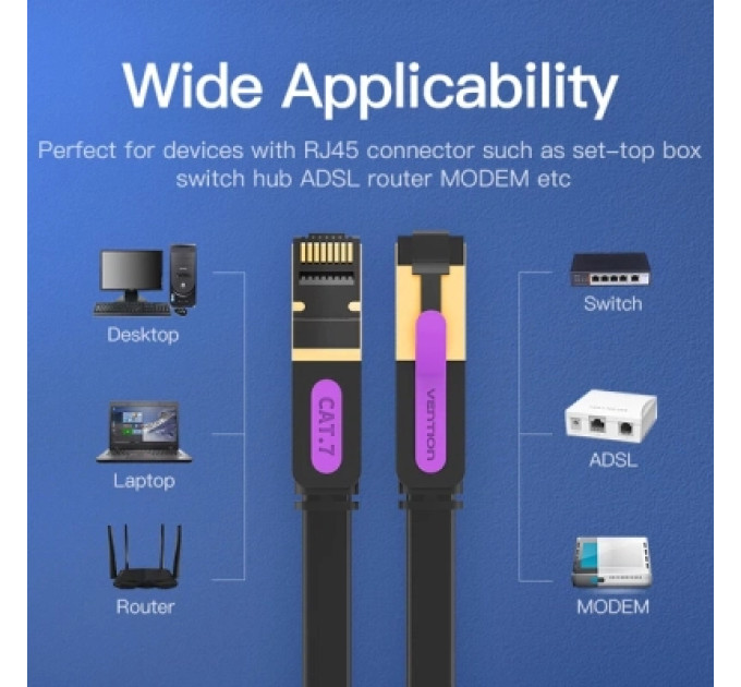 Патч-корд Flat Cat.7 Patch Cable 15M Black Vention (ICABN)
