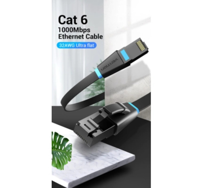 Патч-корд Flat Cat.6 UTP Patch Cable 3M Black Vention (IBJBI)
