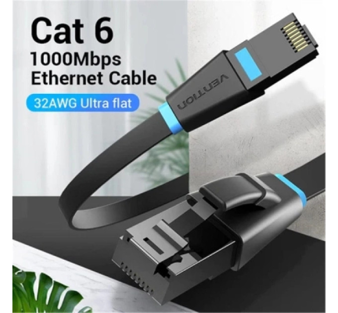 Vention Патч-корд Flat Cat.6 UTP Patch Cable 10M Black Vention (IBJBL)