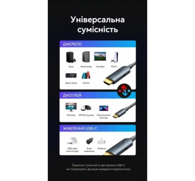 Кабель мультимедійний HDMI Male to USB-C Male 4K HD Cable with Power Supply 1.5M Gray Metal Type Vention (ABLHG)