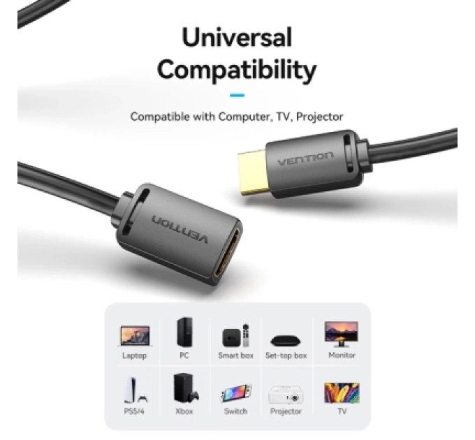 Кабель мультимедійний HDMI-A Male to HDMI-A Female 4K HD Cable PVC Type 0.5M Black Vention (AHCBD)
