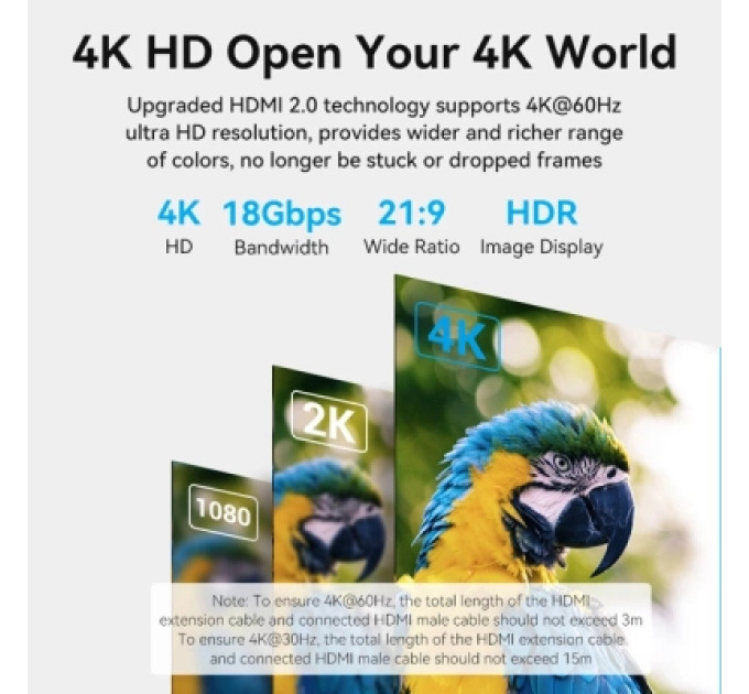 Кабель мультимедійний HDMI-A Male to HDMI-A Female 4K HD Cable PVC Type 0.5M Black Vention (AHCBD)