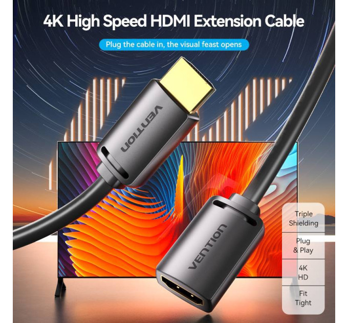 Vention Кабель мультимедійний HDMI-A Male to HDMI-A Female 4K HD Cable PVC Type 0.5M Black Vention (AHCBD)