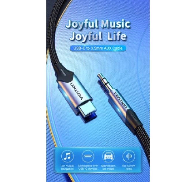Кабель мультимедійний USB-C Male to 3.5MM Male Cable 1M Gray Aluminum Alloy Type Vention (BGKHF)