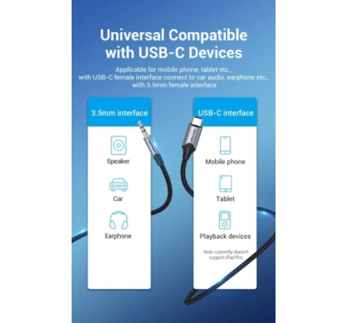 Кабель мультимедійний USB-C Male to 3.5MM Male Cable 1M Gray Aluminum Alloy Type Vention (BGKHF)