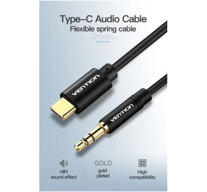 Кабель мультимедійний Type-C to 3.5mm Male Spring Audio Cable 1M Black Metal Type Vention (BGABF)