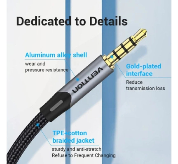 Кабель мультимедійний TRRS 3.5MM Male to Male Aux Cable 0.5M Gray Vention (BAQHD)