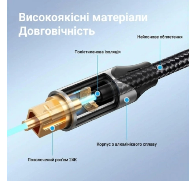 Кабель мультимедійний Optical Fiber Audio Cable Aluminum Alloy Type 1.5M Gray Vention (BAVHG)