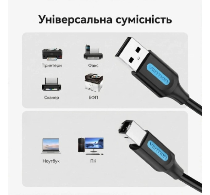 Кабель для принтера USB 2.0 A Male to B Male Cable 0.5M Black PVC Type Vention (COQBD)