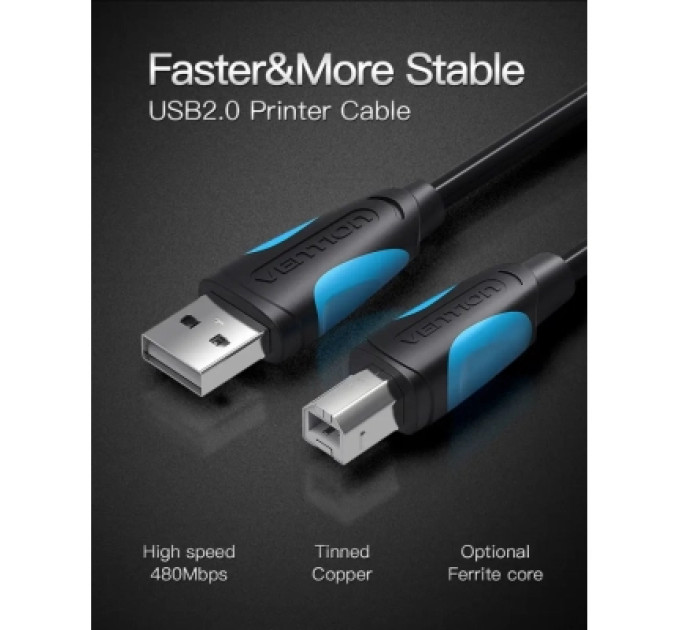 Кабель для принтера USB2.0 A Male to B Male Print Cable 2M Black Vention (VAS-A16-B200)