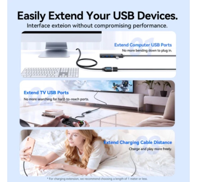 Дата кабель USB 3.2 A Male to A Female Extension Round Cable 0.5M Black PVC Type Vention (CBOBD)