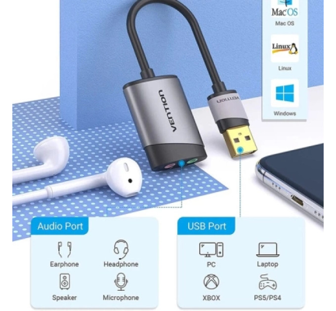 Звукова плата USB External Sound Card 0.15M Gray Metal Type Vention (CDKHB)