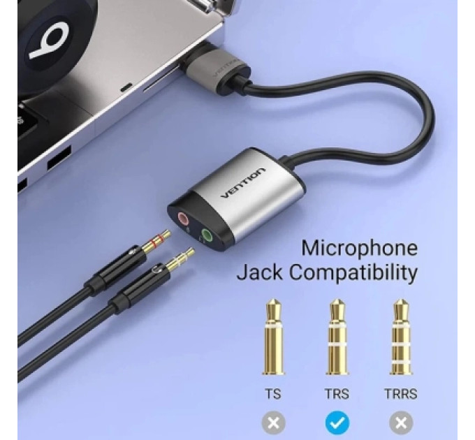 Звукова плата USB External Sound Card 0.15M Gray Metal Type Vention (CDKHB)