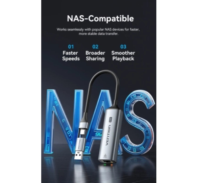 Перехідник USB-C + USB-A to 2.5 Gigabit Ethernet Adapter 0.15M Gray Aluminum Alloy Type Vention (CFUHB)