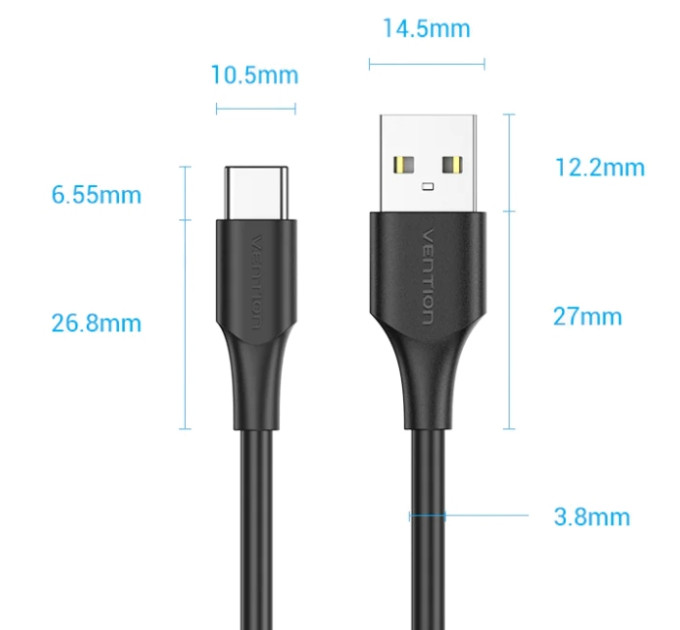 Vention Дата кабель USB 2.0 AM to Type-C 3.0m 3.0A (18W) PVC black Vention (CTHBI)