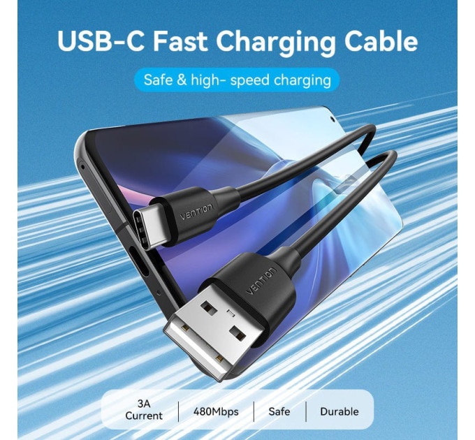 Vention Дата кабель USB 2.0 AM to Type-C 3.0m 3.0A (18W) PVC black Vention (CTHBI)