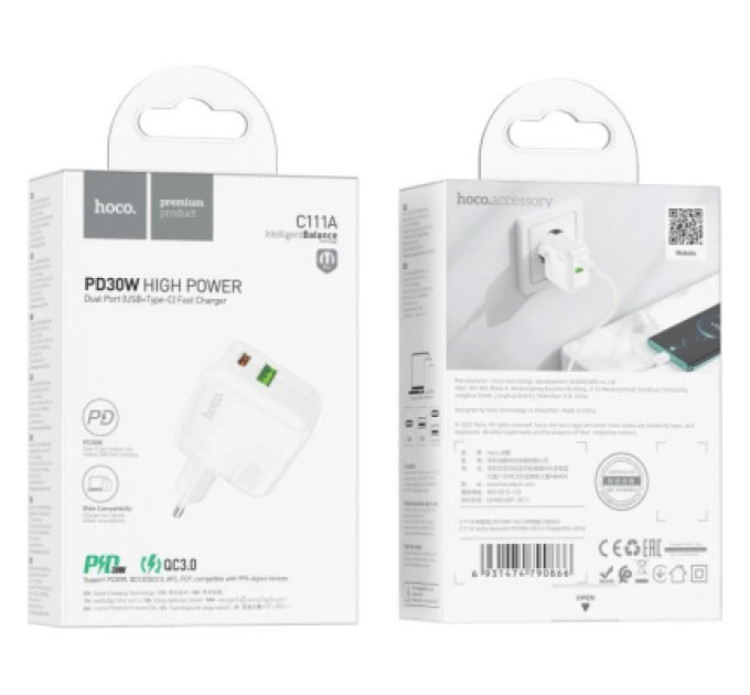 HOCO Зарядний пристрій HOCO C111A Lucky 1xUSB-C PD30W + 1xUSB QC3.0 White (6931474790866)