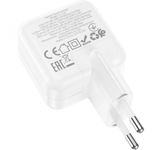 HOCO Зарядний пристрій HOCO C111A Lucky 1xUSB-C PD30W + 1xUSB QC3.0 White (6931474790866)