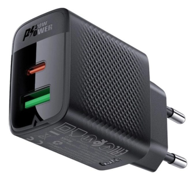 Acefast Зарядний пристрій Acefast A78 1xUSB-C PD20W + 1xUSB-A GaN Black (6974316283256)