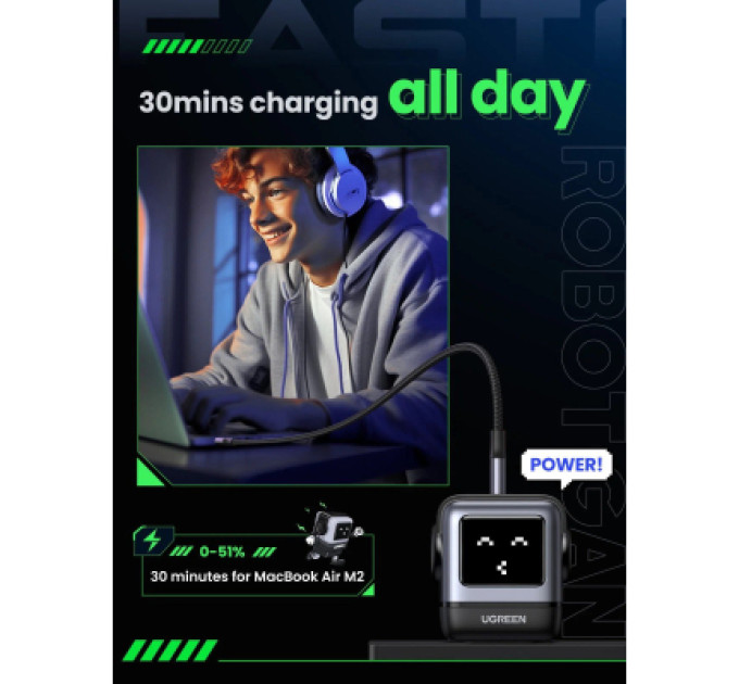 Ugreen Зарядний пристрій Ugreen 1xUSB + 2xUSB-C 65W GaN CD361 gray (25685B)
