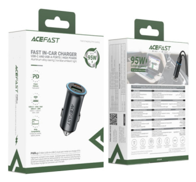 Acefast Зарядний пристрій Acefast 1xUSB-C + 1xUSB 95W car adapter B16 black (6974316284970)