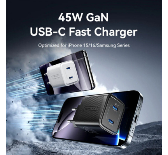 Vention Зарядний пристрій VENTION 2xUSB-C PD45W GaN white (FEFW0-EU)