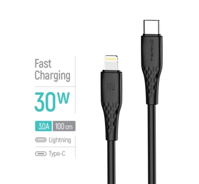 Дата кабель USB-C to Lightning 1.0m PD30W textured PVC black ColorWay (CW-CBPDCL094-BK)