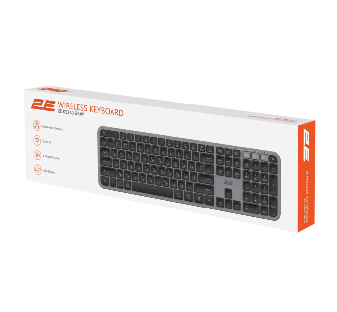 Клавіатура мембранна 2E KS240 110key, WL/BT, EN/UK/RU, сіро-чорний