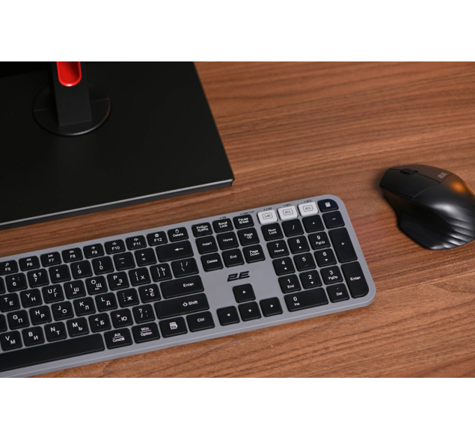 Клавіатура мембранна 2E KS240 110key, WL/BT, EN/UK/RU, сіро-чорний