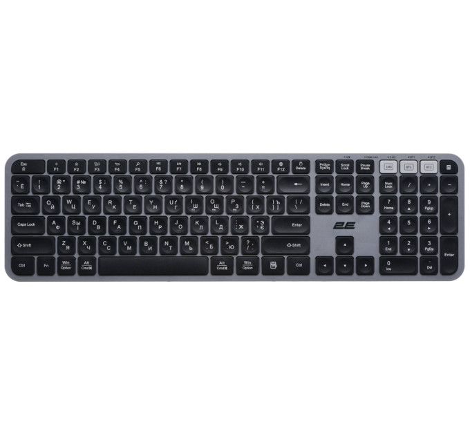 Клавіатура мембранна 2E KS240 110key, WL/BT, EN/UK/RU, сіро-чорний