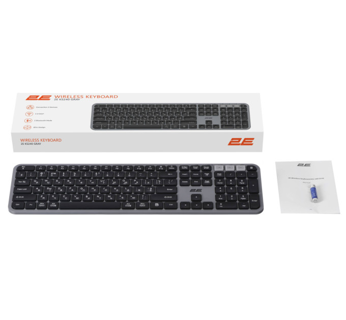 Клавіатура мембранна 2E KS240 110key, WL/BT, EN/UK/RU, сіро-чорний
