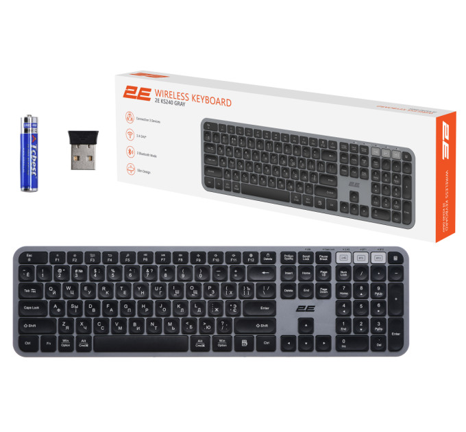 Клавіатура мембранна 2E KS240 110key, WL/BT, EN/UK/RU, сіро-чорний