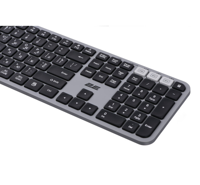 Клавіатура мембранна 2E KS240 110key, WL/BT, EN/UK/RU, сіро-чорний
