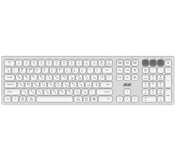 Клавіатура ножнична 2E KS270 105key, WL/BT, EN/UK/RU, сріблясто-білий