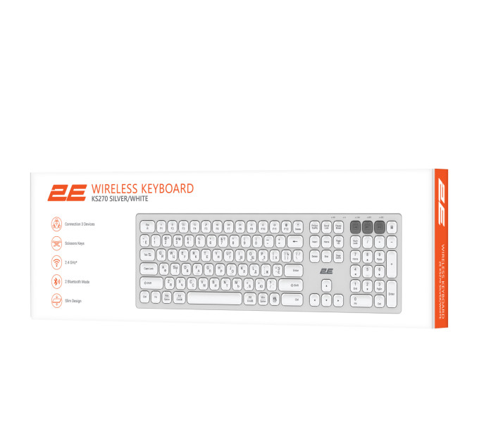 Клавіатура ножнична 2E KS270 105key, WL/BT, EN/UK/RU, сріблясто-білий