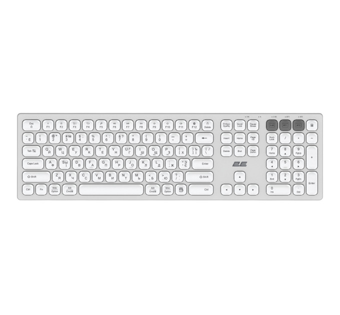 Клавіатура ножнична 2E KS270 105key, WL/BT, EN/UK/RU, сріблясто-білий