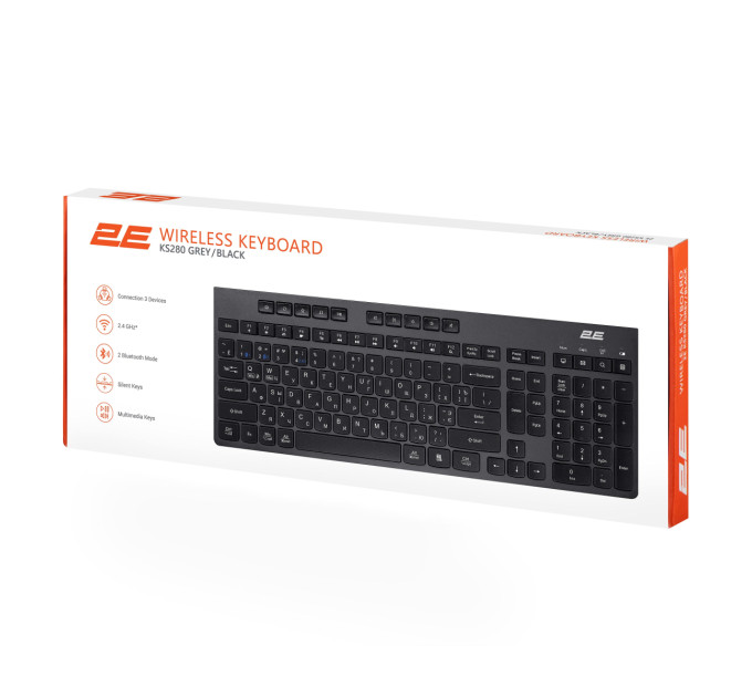 Клавіатура мембранна 2E KS280 120key, WL/BT, EN/UK/RU, silent, чорно-сіра