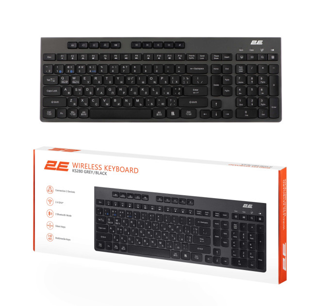 Клавіатура мембранна 2E KS280 120key, WL/BT, EN/UK/RU, silent, чорно-сіра