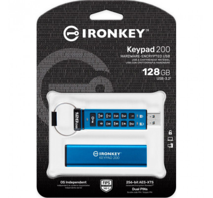 USB флеш накопичувач Kingston 128GB IronKey Keypad 200 AES-256 Encrypted Blue USB 3.2 (IKKP200/128GB)