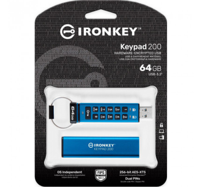 USB флеш накопичувач Kingston 64GB IronKey Keypad 200 AES-256 Encrypted Blue USB 3.2 (IKKP200/64GB)