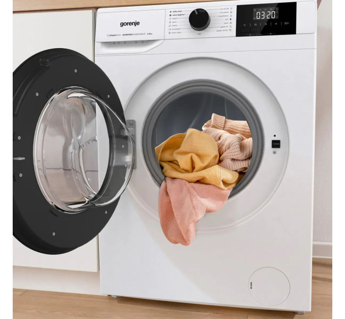 Пральна машина Gorenje фронтальна, 6кг, 1000, A++, 42см, чорний люк, дисплей, пар, інвертор, білий
