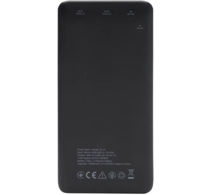 GEAR Батарея універсальна GEAR 10000mAh, 10W, USB-TypeC, 2*USB-A, Micro-USB, black (SL10)