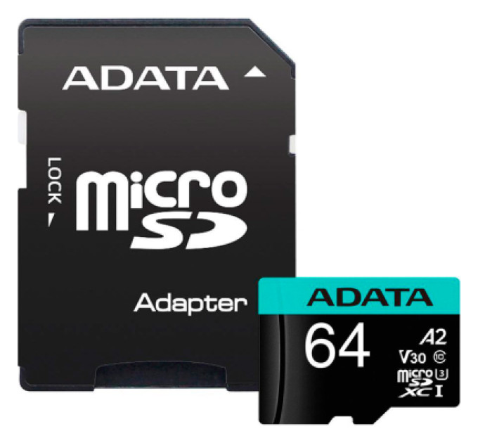 ADATA Карта пам'яті ADATA 64GB microSD class 10 UHS-I U3 V30 A2 Premier Pro SD 6.0 (AUSDX64GUI3V30SA2-RA1)