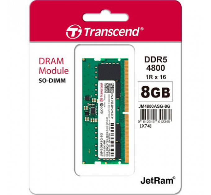 Модуль пам'яті для ноутбука SoDIMM DDR5 8GB 4800 MHz JetRam Transcend (JM4800ASG-8G)