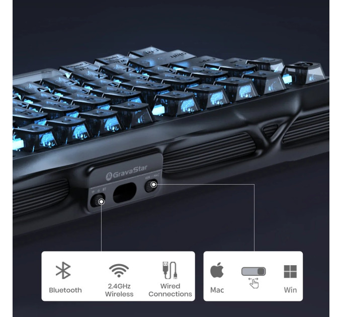 Клавіатура механічна GravaStar Mercury K1 80keys, GravaStar x Kailh Cheery Pink, EN, BT/WL/USB, Stealth Black