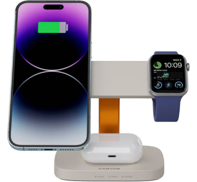Canyon Зарядний пристрій Canyon wireless charger HEXAGON WCS-310 3in1 LightGrey/Orange (CNS-WCS310LGOR)
