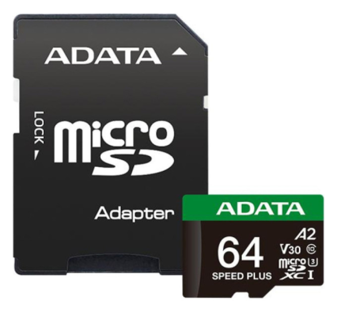 ADATA Карта пам'яті ADATA 64GB microSD class 10 UHS-I U3 V30 A2 Speed Plus (UD64GUI3V30A2SP-RA1)
