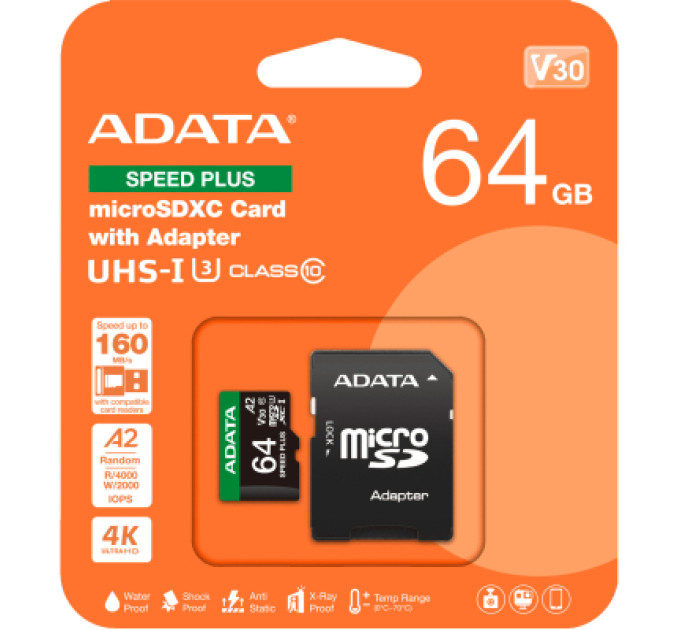 ADATA Карта пам'яті ADATA 64GB microSD class 10 UHS-I U3 V30 A2 Speed Plus (UD64GUI3V30A2SP-RA1)