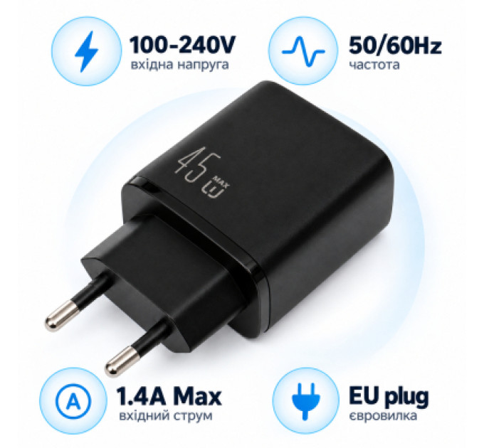 Vinga Зарядний пристрій Vinga 2xUSB-C + USB-A Display 45W (VCR45ACCDB)