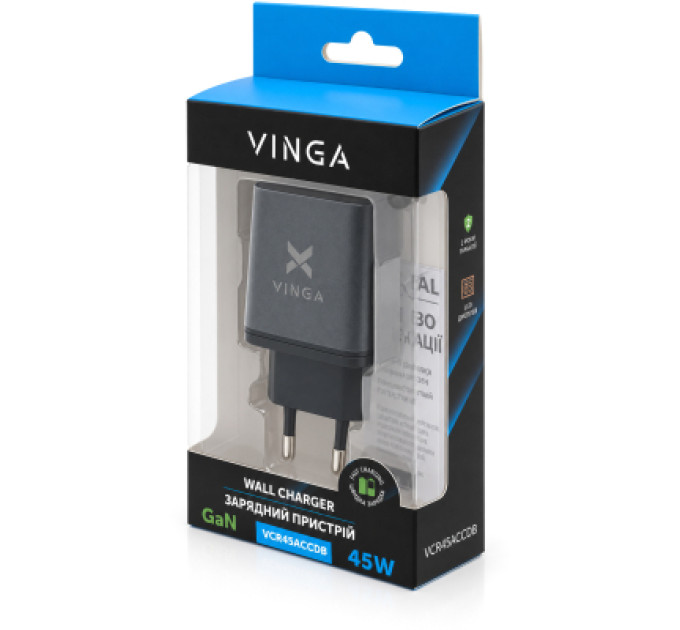 Vinga Зарядний пристрій Vinga 2xUSB-C + USB-A Display 45W (VCR45ACCDB)